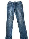Jean droit bleu délavé taille basse poches fantaisie femme