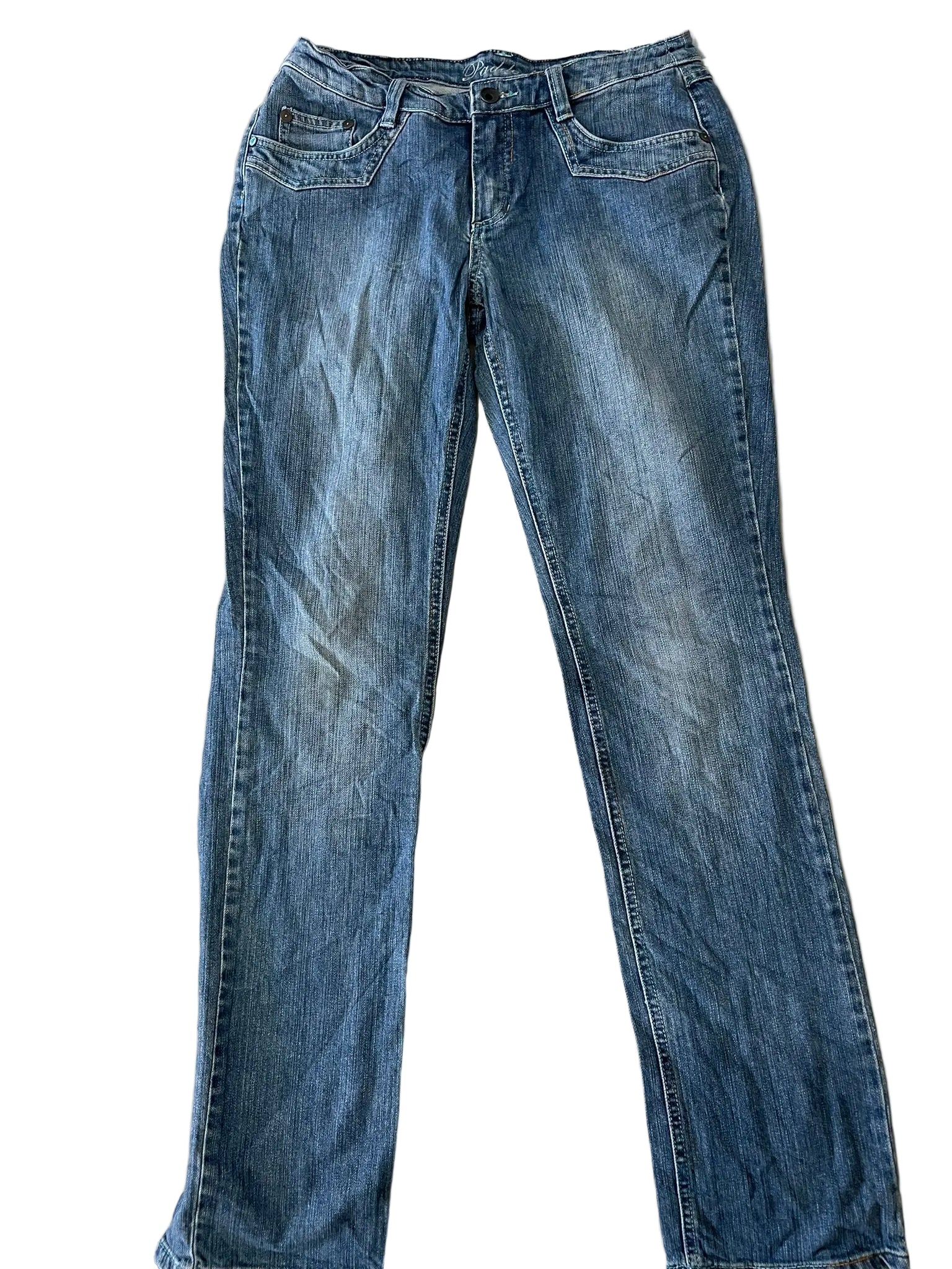 Jean droit bleu délavé taille basse poches fantaisie femme
