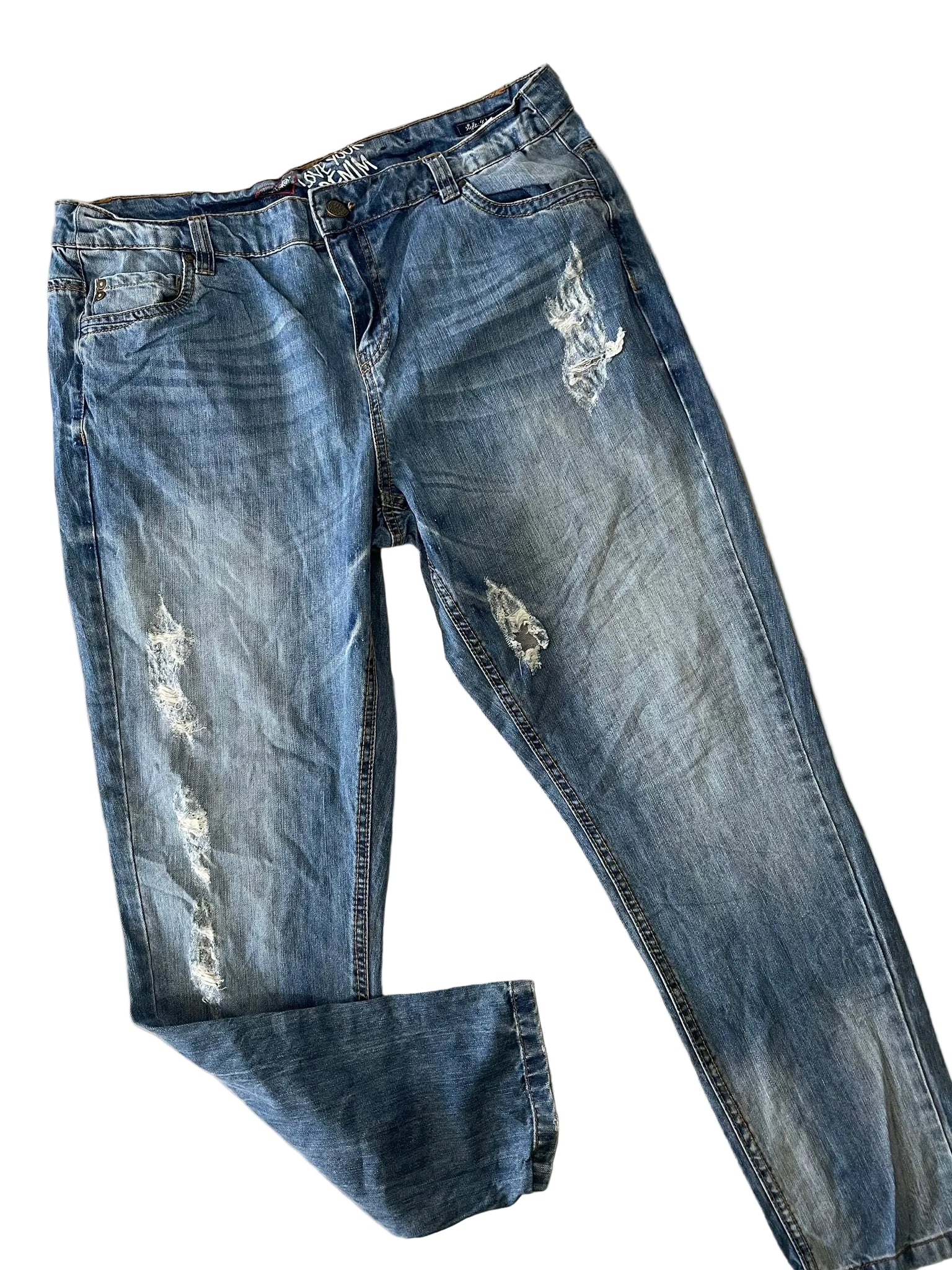 Jean large bleu délavé très déchiré Love Your Denim femme