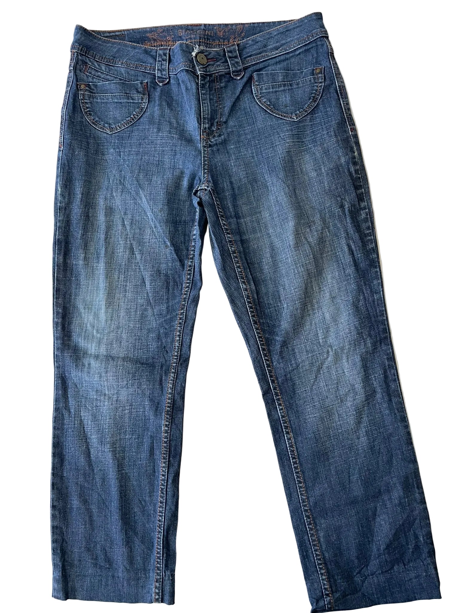 Jean droit bleu délavé ceinture brodée Biassini femme