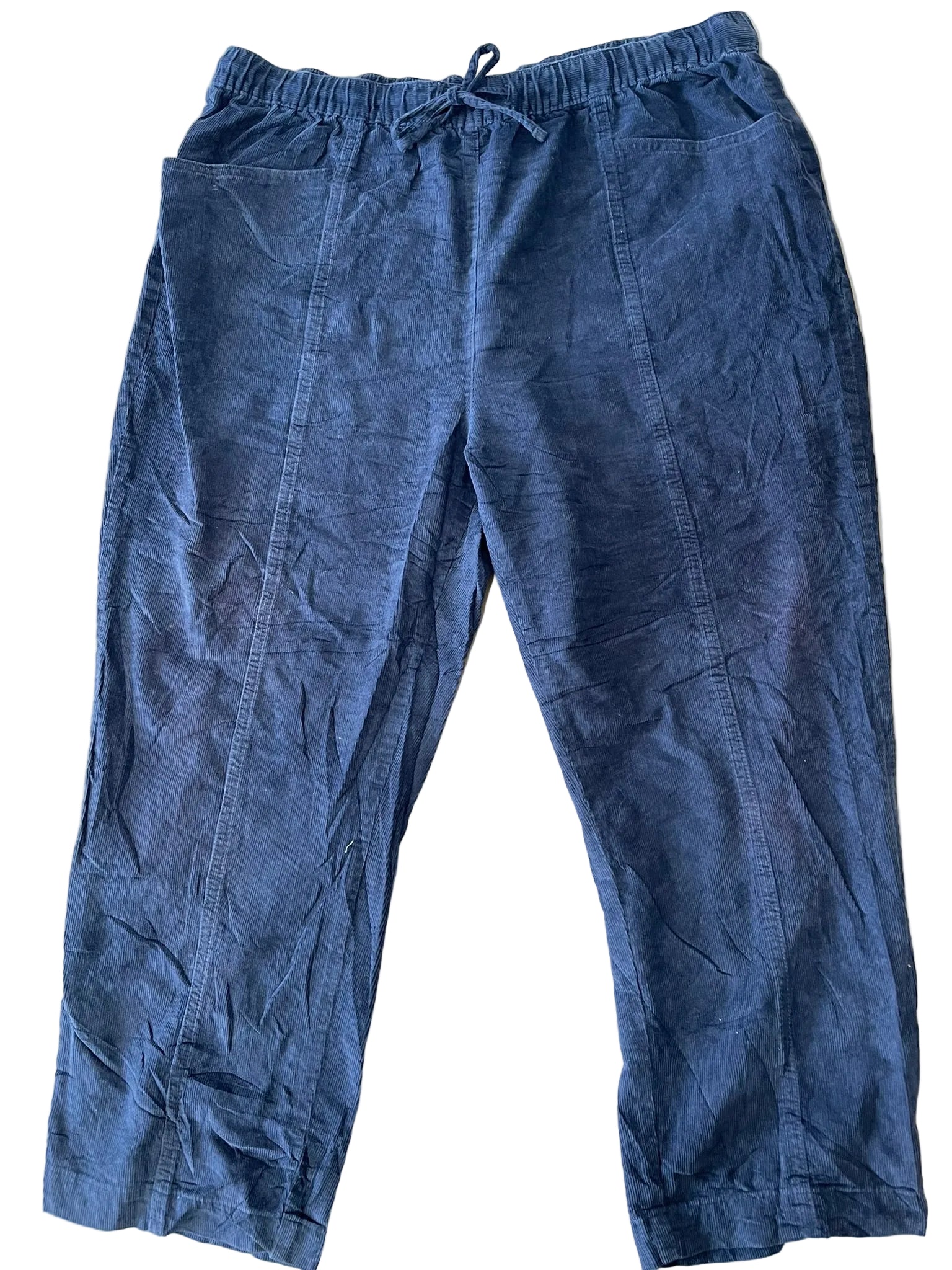 Pantacourt velours côtelé bleu marine cordon femme