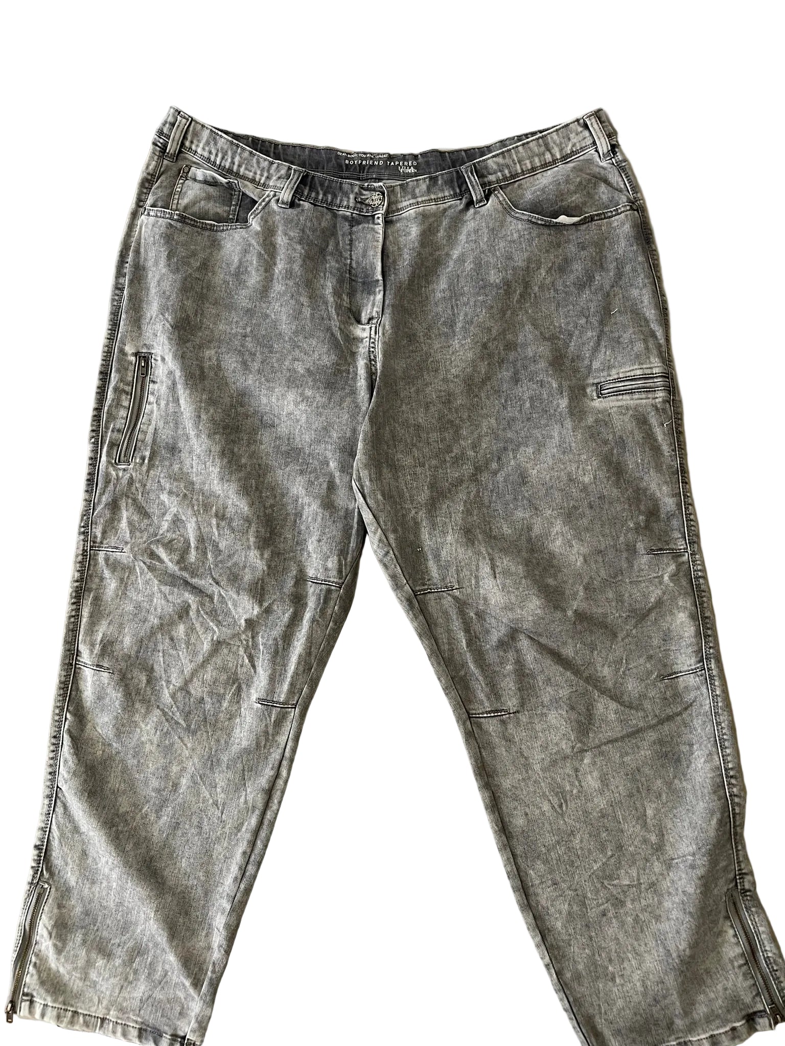 Jean boyfriend gris délavé acide poches zippées Boyfriend Tapered femme