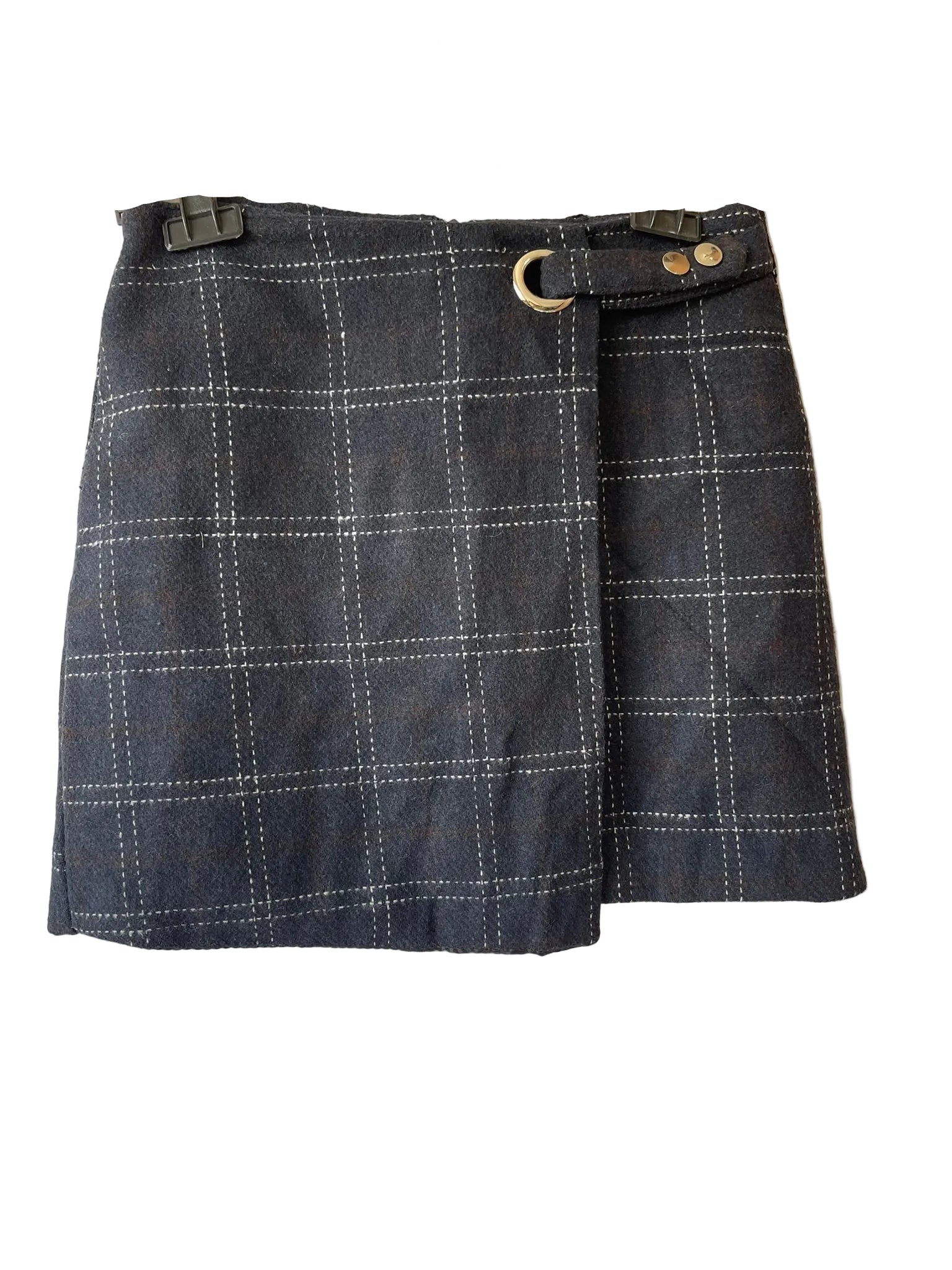 Mini-jupe portefeuille laine grise carreaux boucle dorée femme