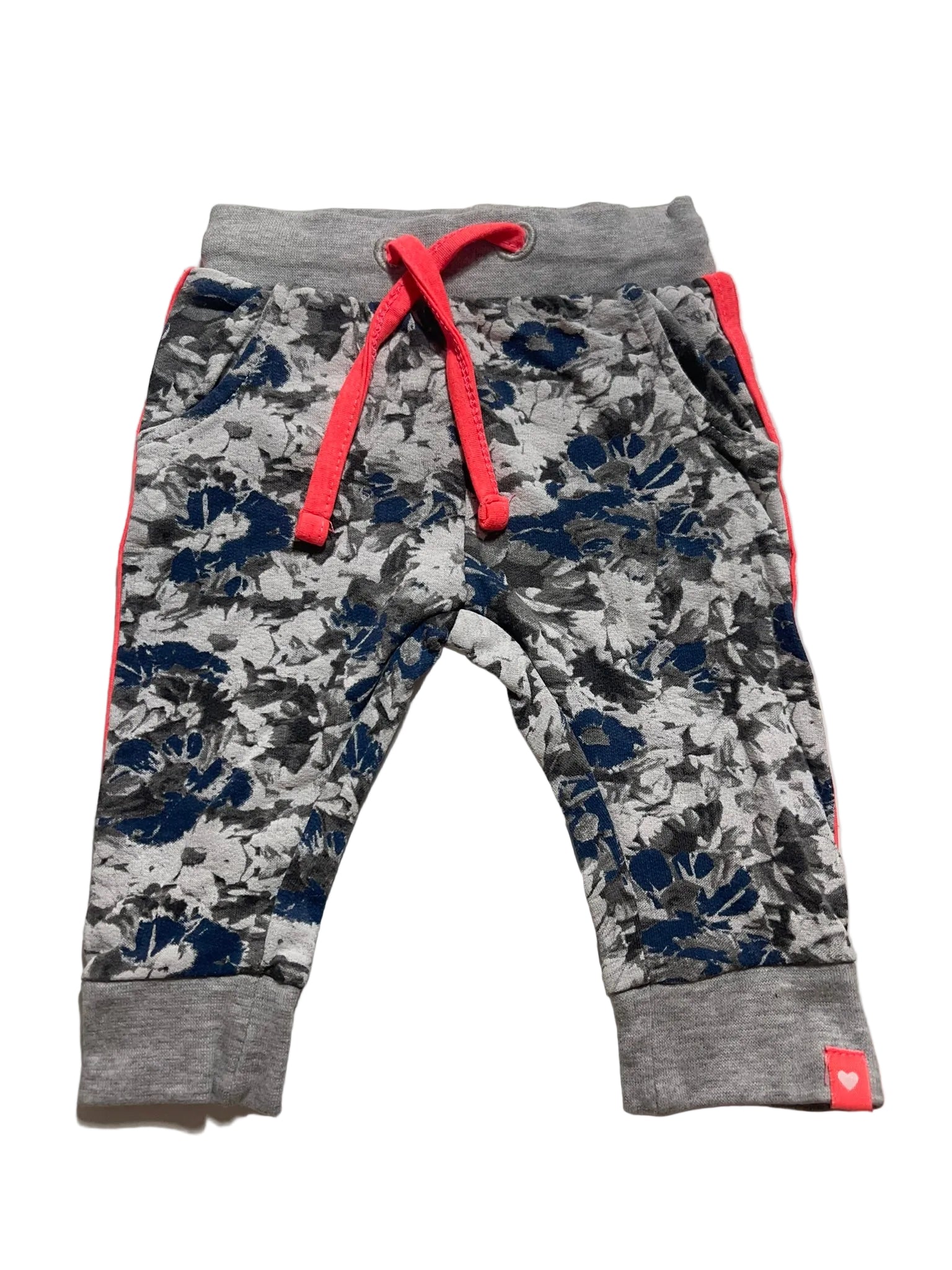 Pantalon bébé gris chiné imprimé floral bleu marine cordon rose