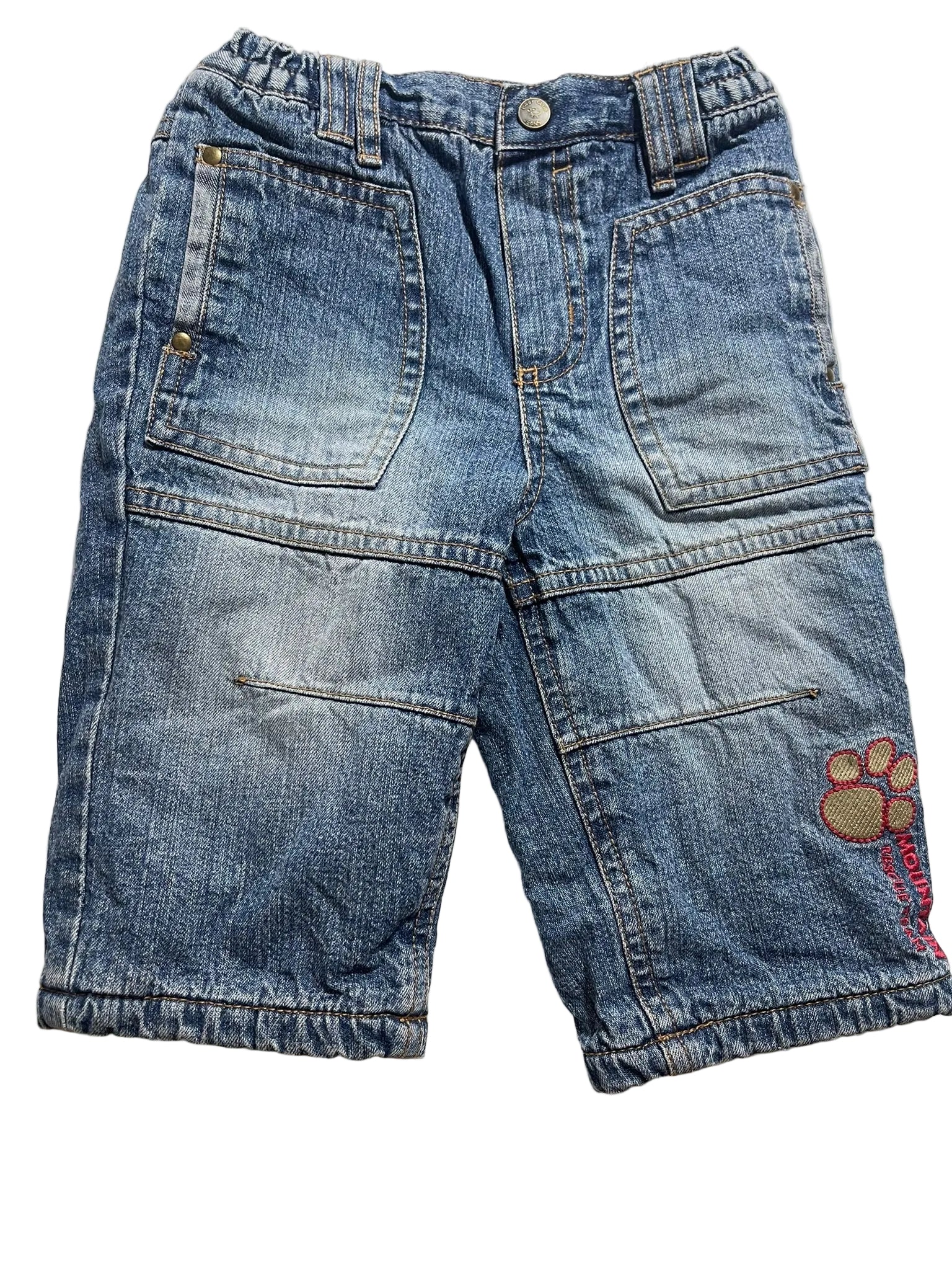 Short jean bleu délavé enfant empreinte de patte brodée