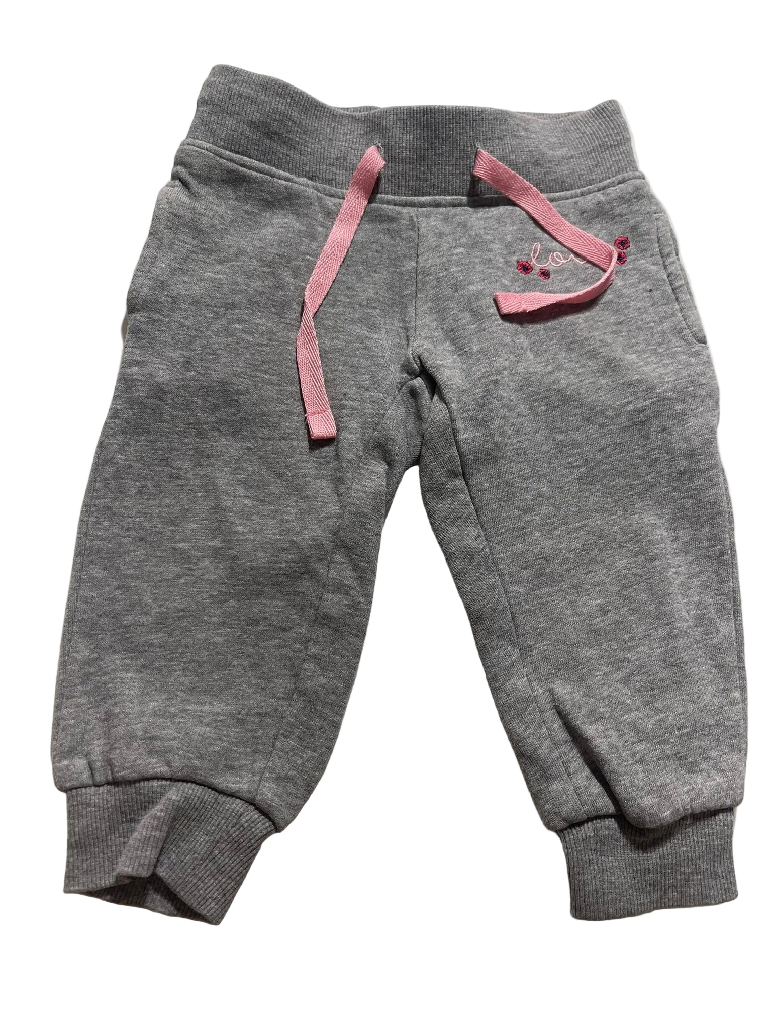 Pantalon jogging bébé gris chiné cordon rose broderie florale