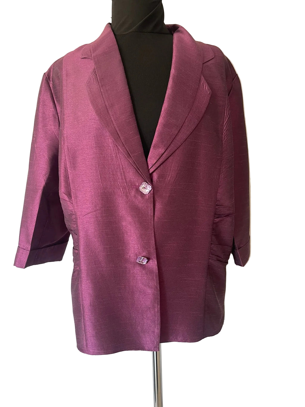 Veste femme violet prune irisé satiné manches 3/4 boutons fantaisie