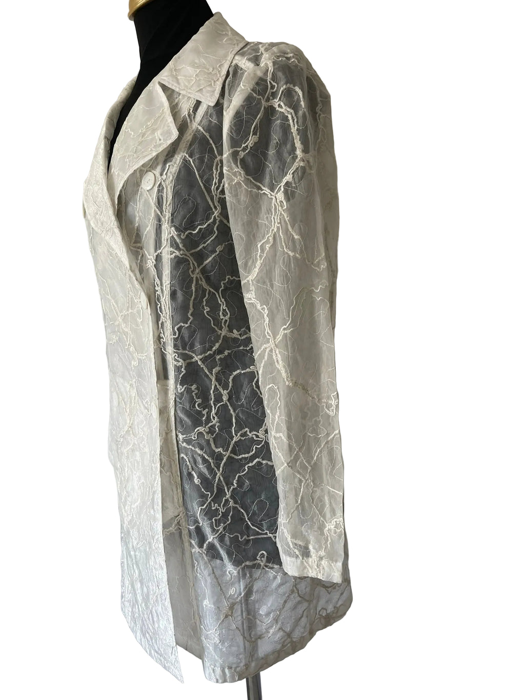 Veste longue femme blanche organza brodé fil or double boutonnage Taille M