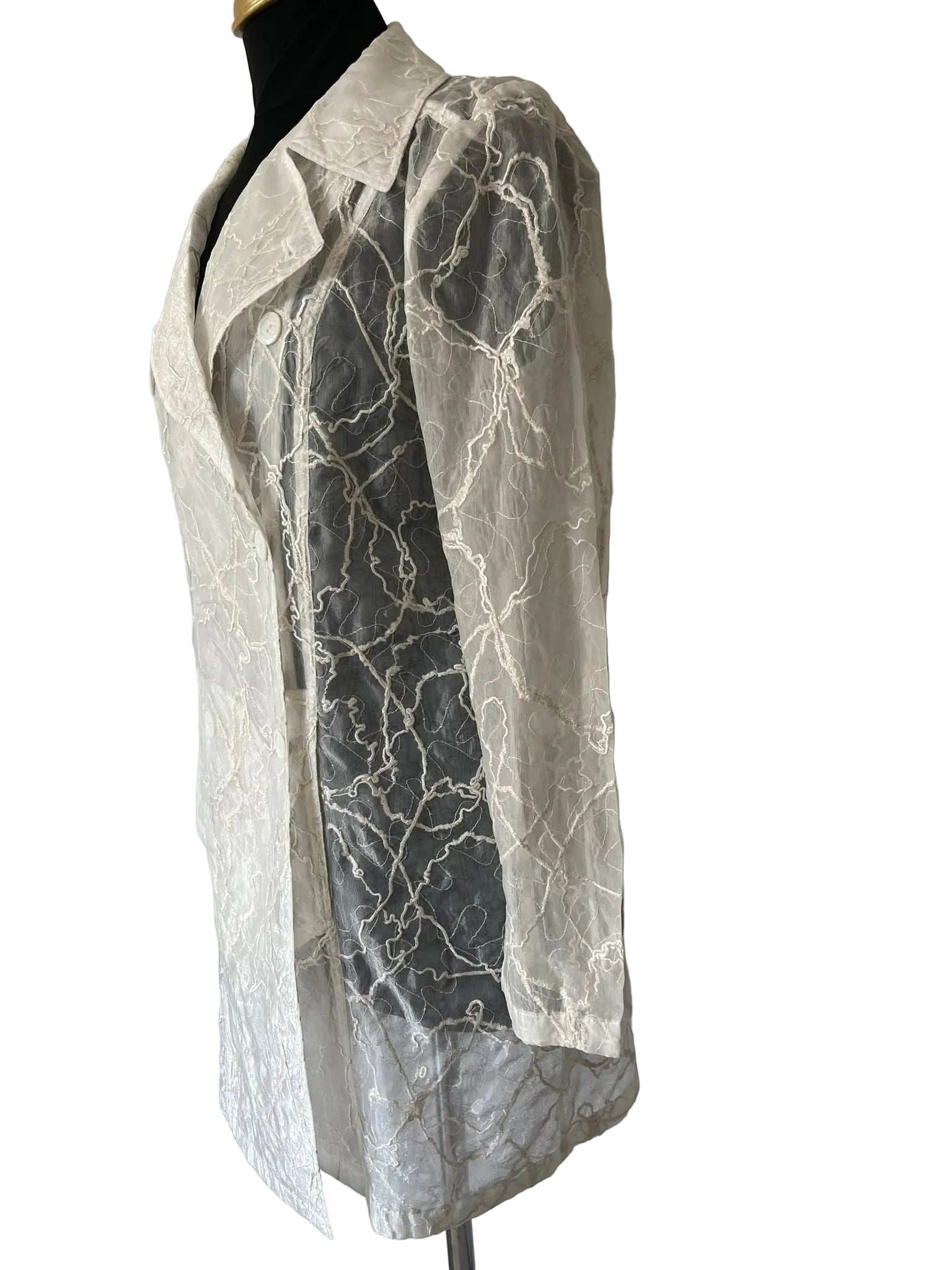 Veste longue femme blanche organza brodé fil or double boutonnage Taille M