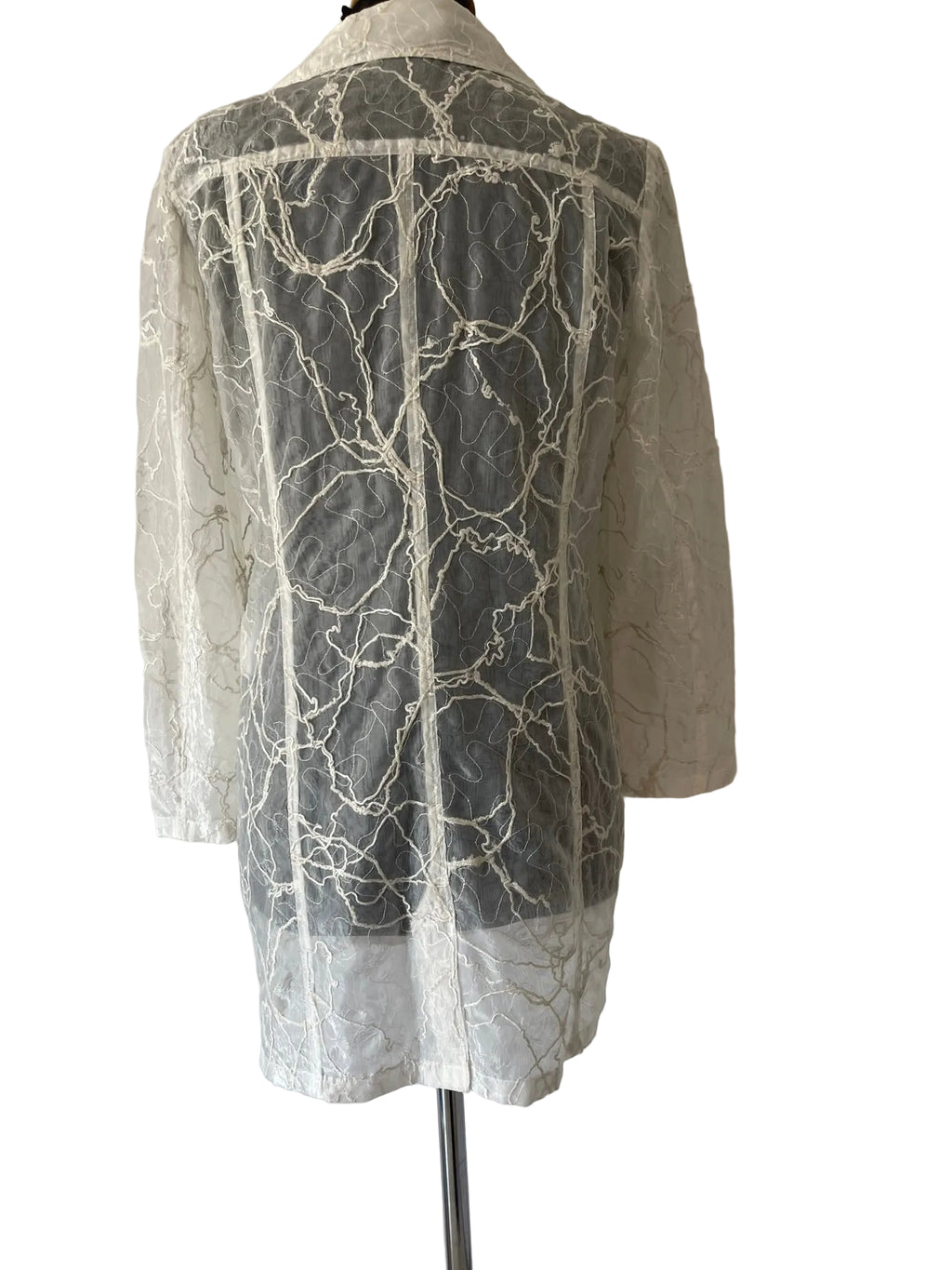 Veste longue femme blanche organza brodé fil or double boutonnage Taille M