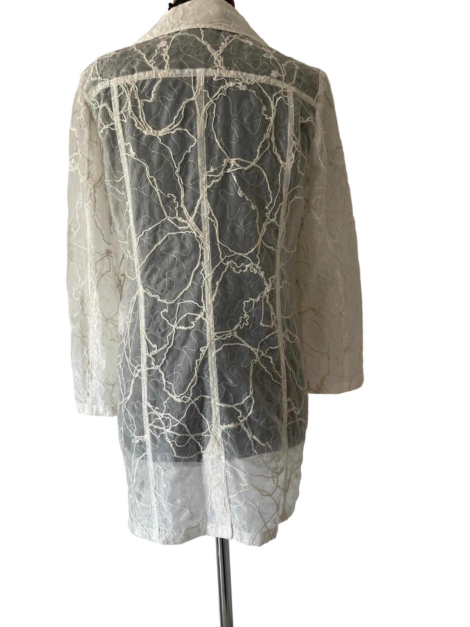 Veste longue femme blanche organza brodé fil or double boutonnage Taille M