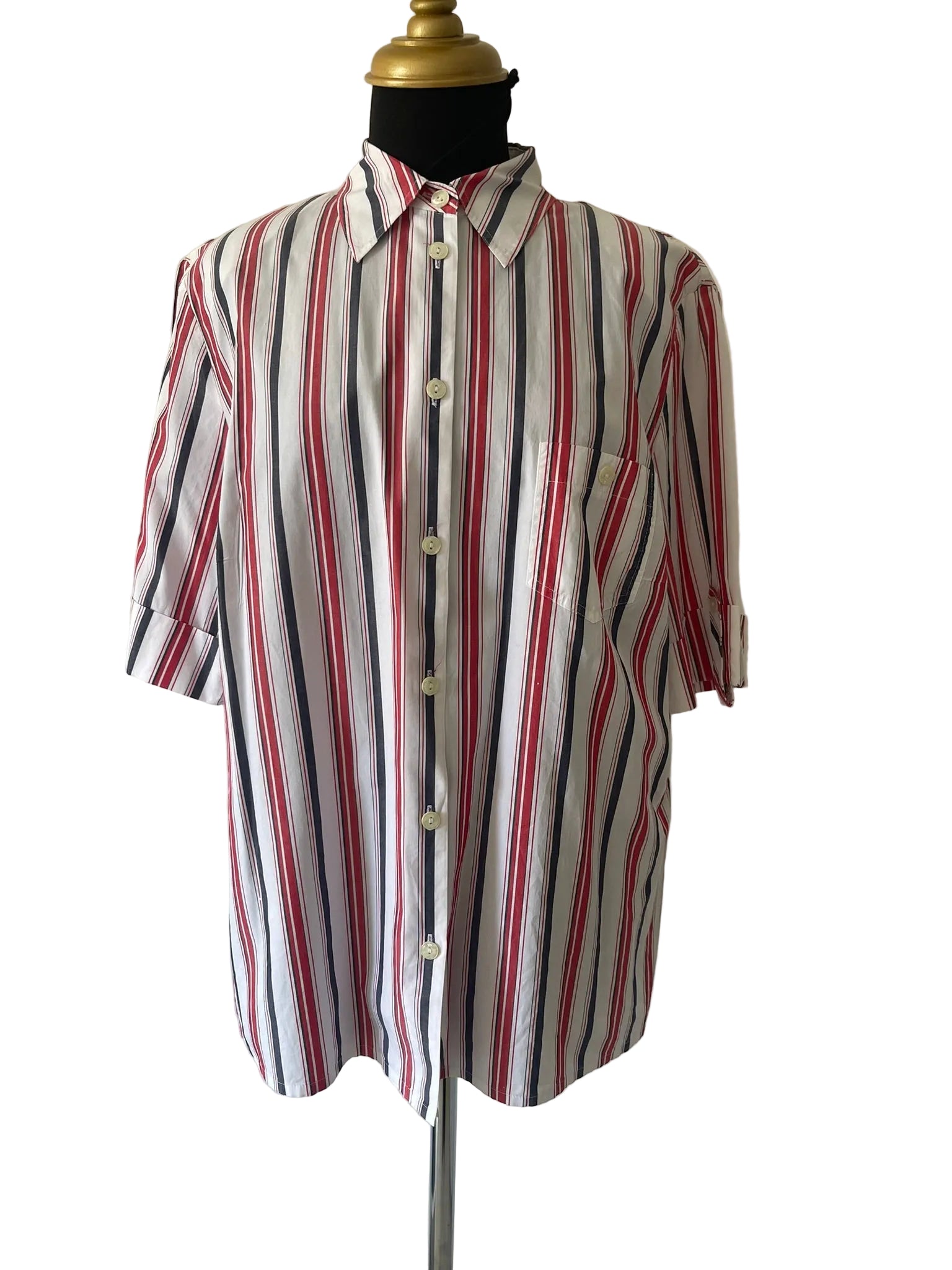 Chemise rayures verticales rouge marine blanc manches courtes