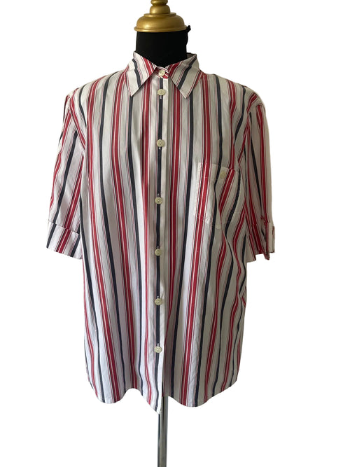 Chemise rayures verticales rouge marine blanc manches courtes