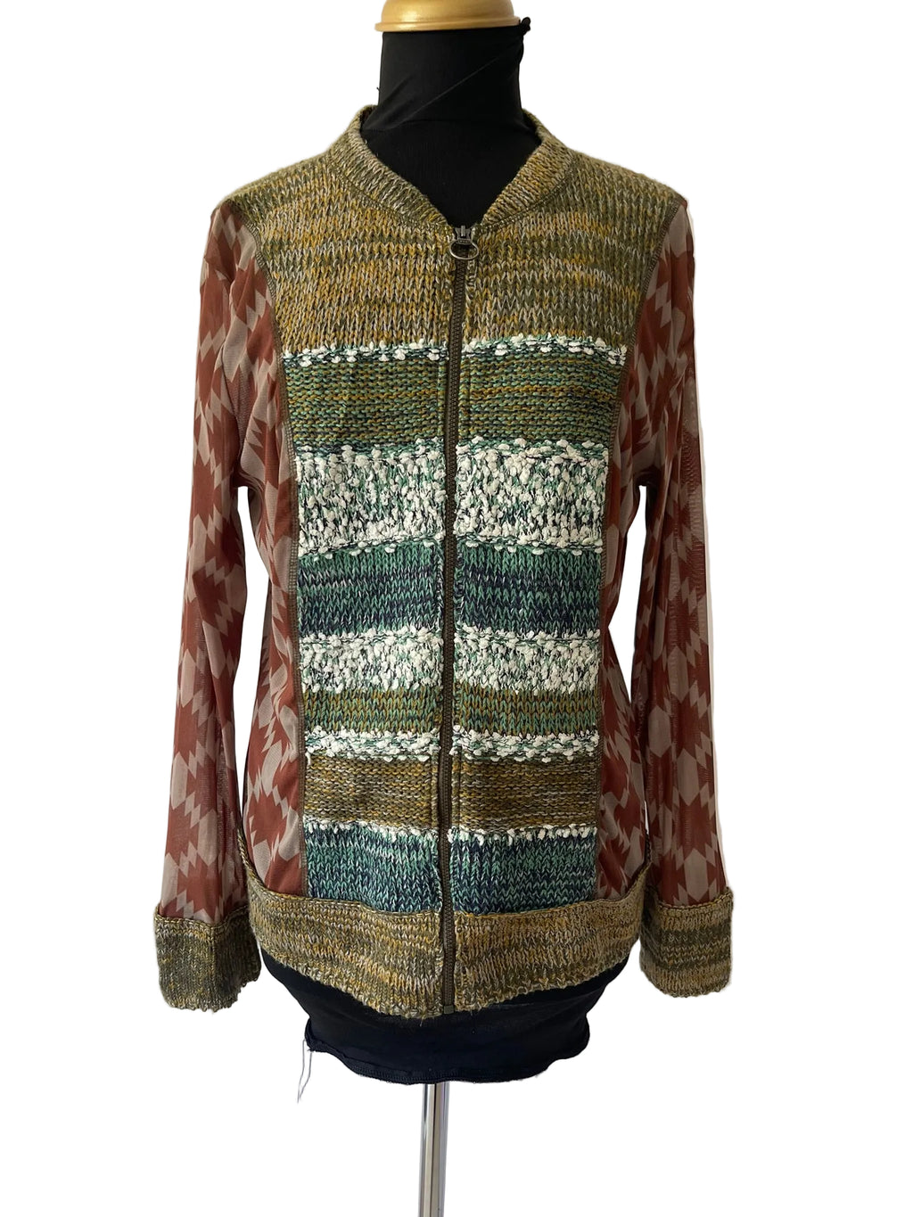 Veste zippée femme tricot multicolore vert kaki rouille manches imprimées