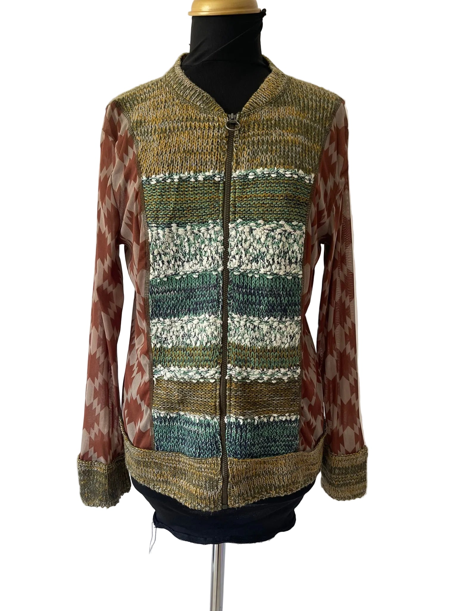 Veste zippée femme tricot multicolore vert kaki rouille manches imprimées