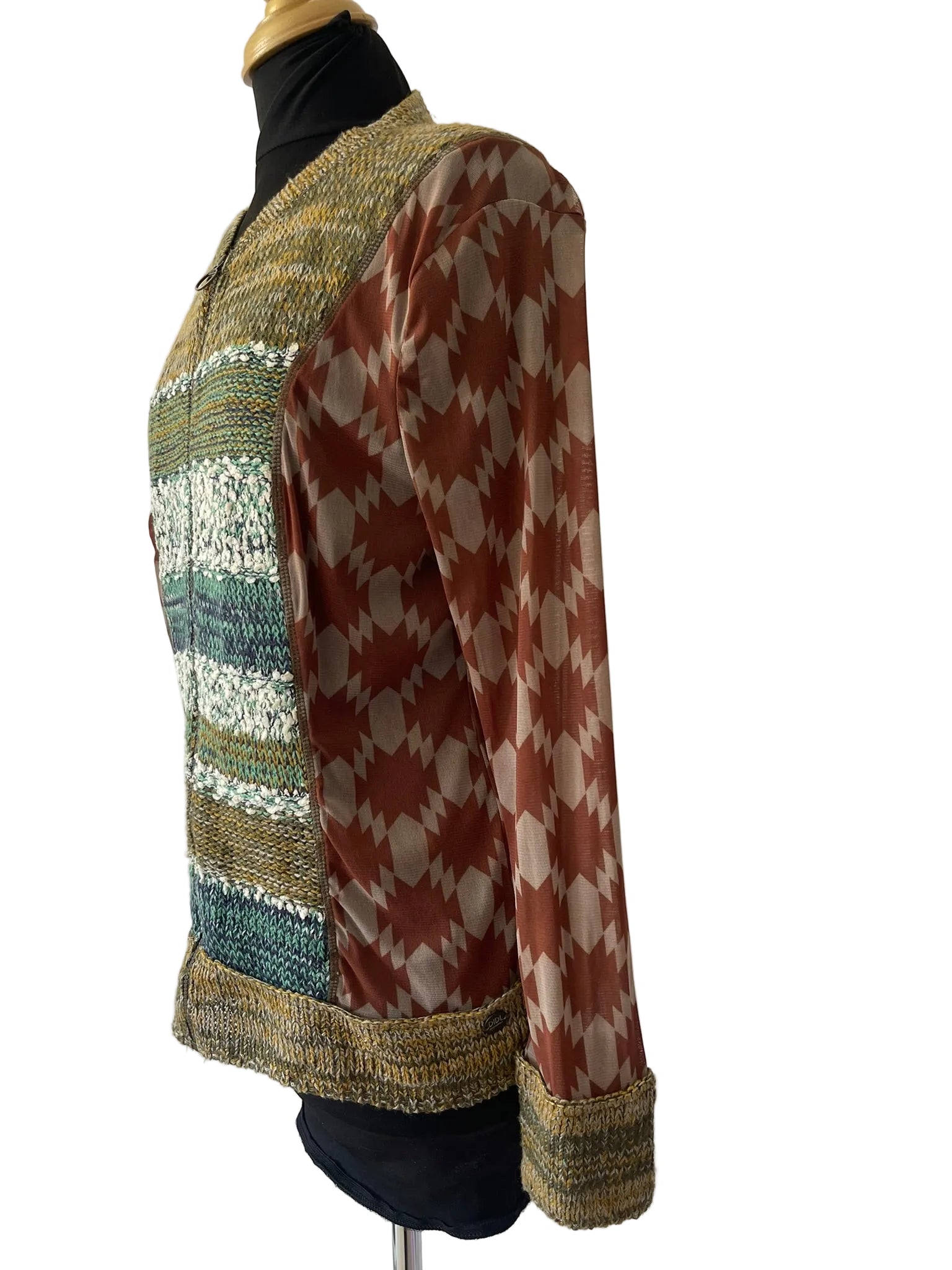 Veste zippée femme tricot multicolore vert kaki rouille manches imprimées Taille XL