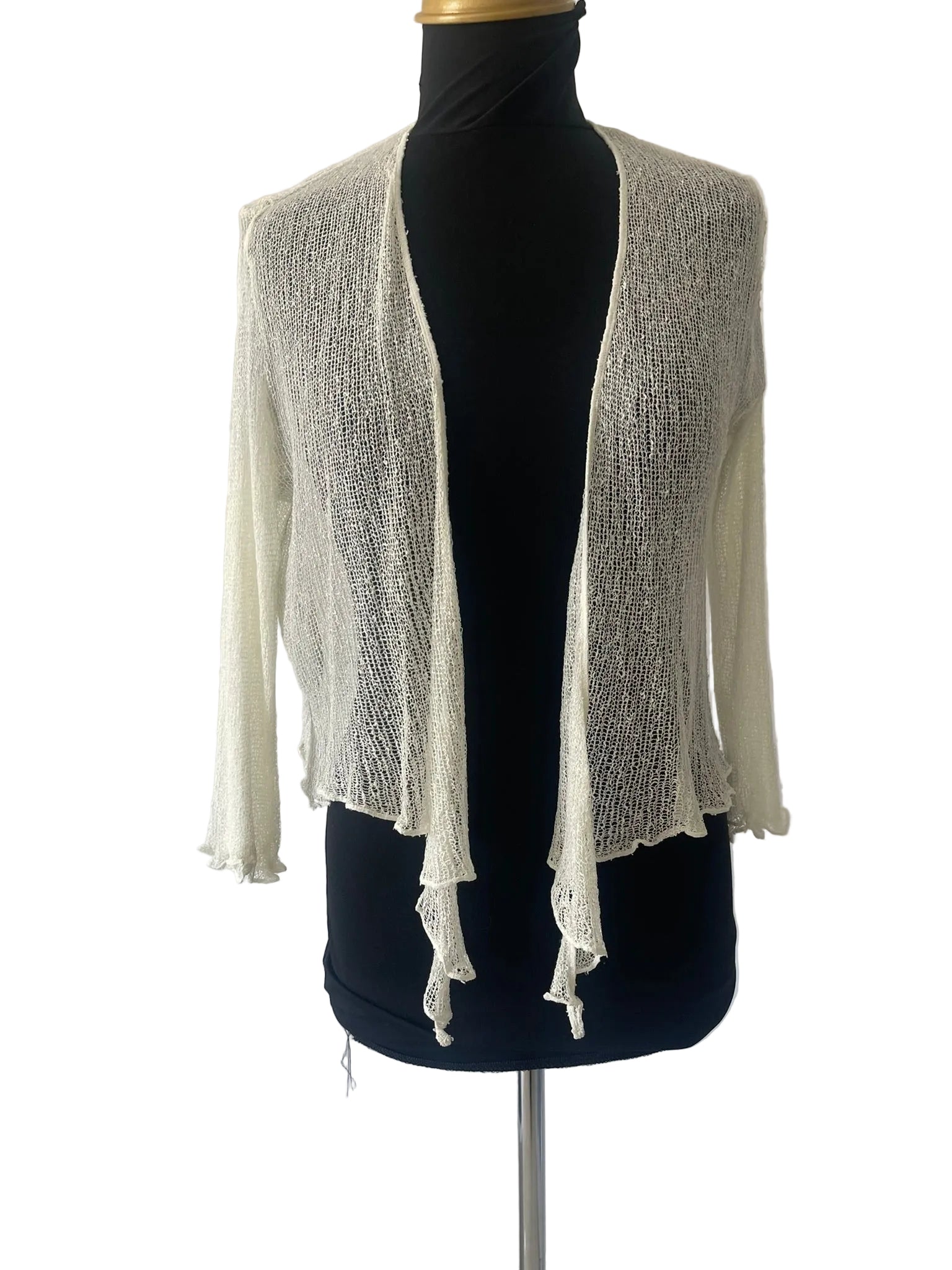 Cardigan ouvert femme blanc maille ajourée avec franges