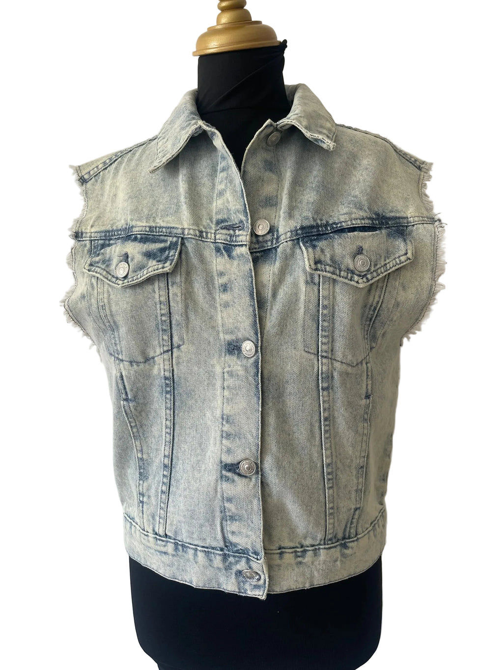 Veste sans manches jean bleu délavé acide effiloché