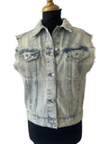 Veste sans manches jean bleu délavé acide effiloché