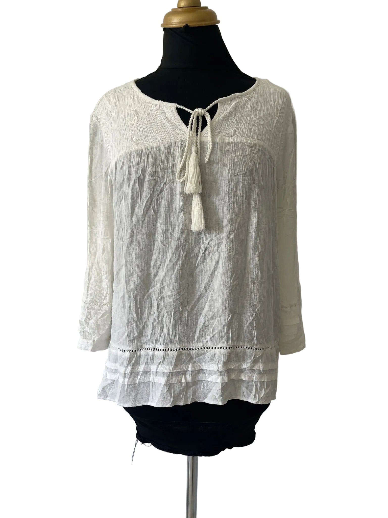 Blouse bohème femme blanche gaze pompons manches longues