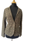 Blazer femme kaki olive dentelle ajourée motifs ronds boutons argentés