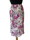 Jupe mi-longue femme soie imprimé roses fuchsia gris volant