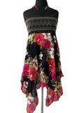 Robe bustier femme noire fleurs tropicales broderie ethnique asymétrique
