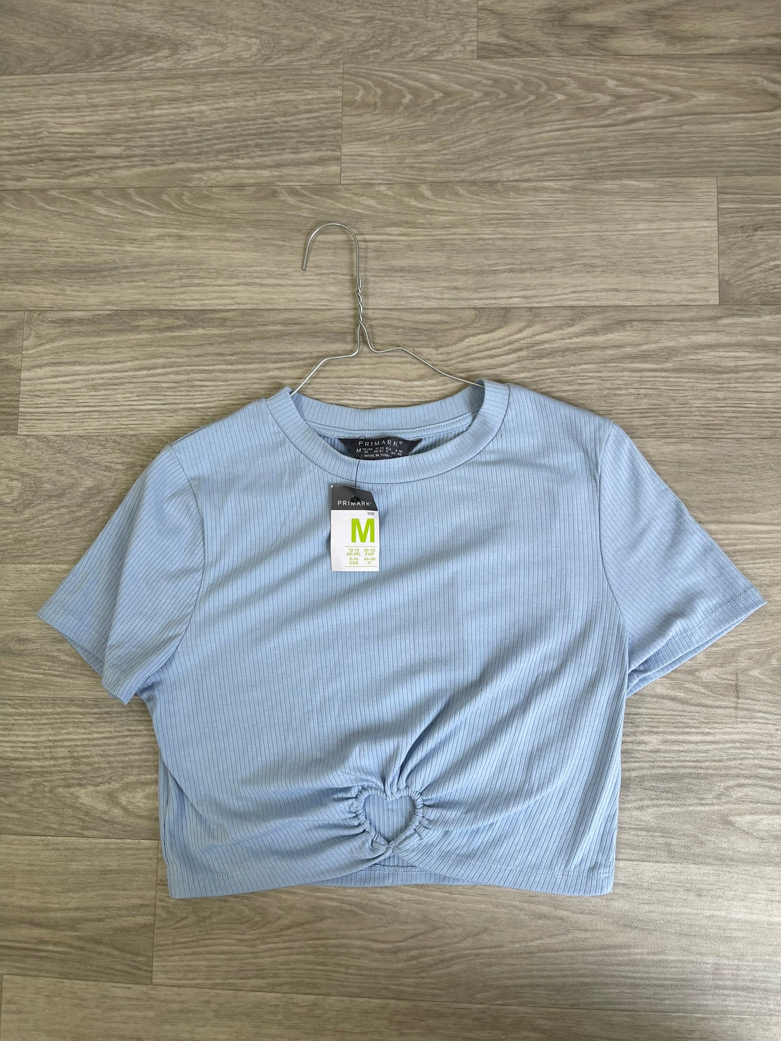 Crop top bleu ciel côtelé nœud avant - Primark taille M