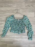 Blouse fleurie verte smockée - Enfant 10-12 ans