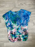 Top imprimé tropical et léopard bleu-vert