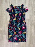 Robe bleu marine imprimé fleurs et feuilles colorées