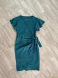 Robe vert canard portefeuille, nœud à la taille, manches courtes