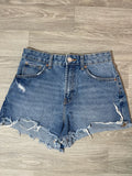 Short en jean taille haute délavé, ourlet effiloché