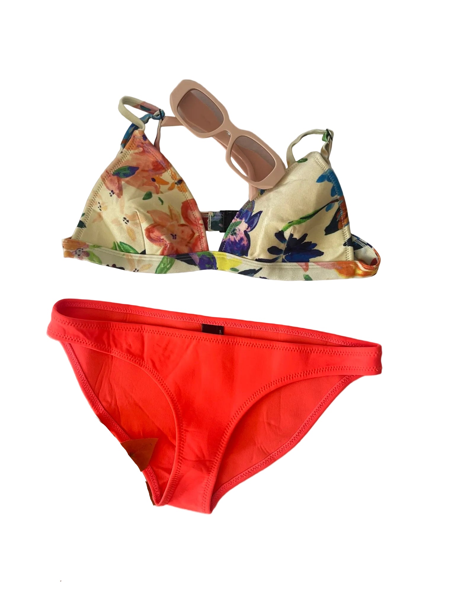 Maillot de bain 2 pièces dépareillé floral et corail Taille M