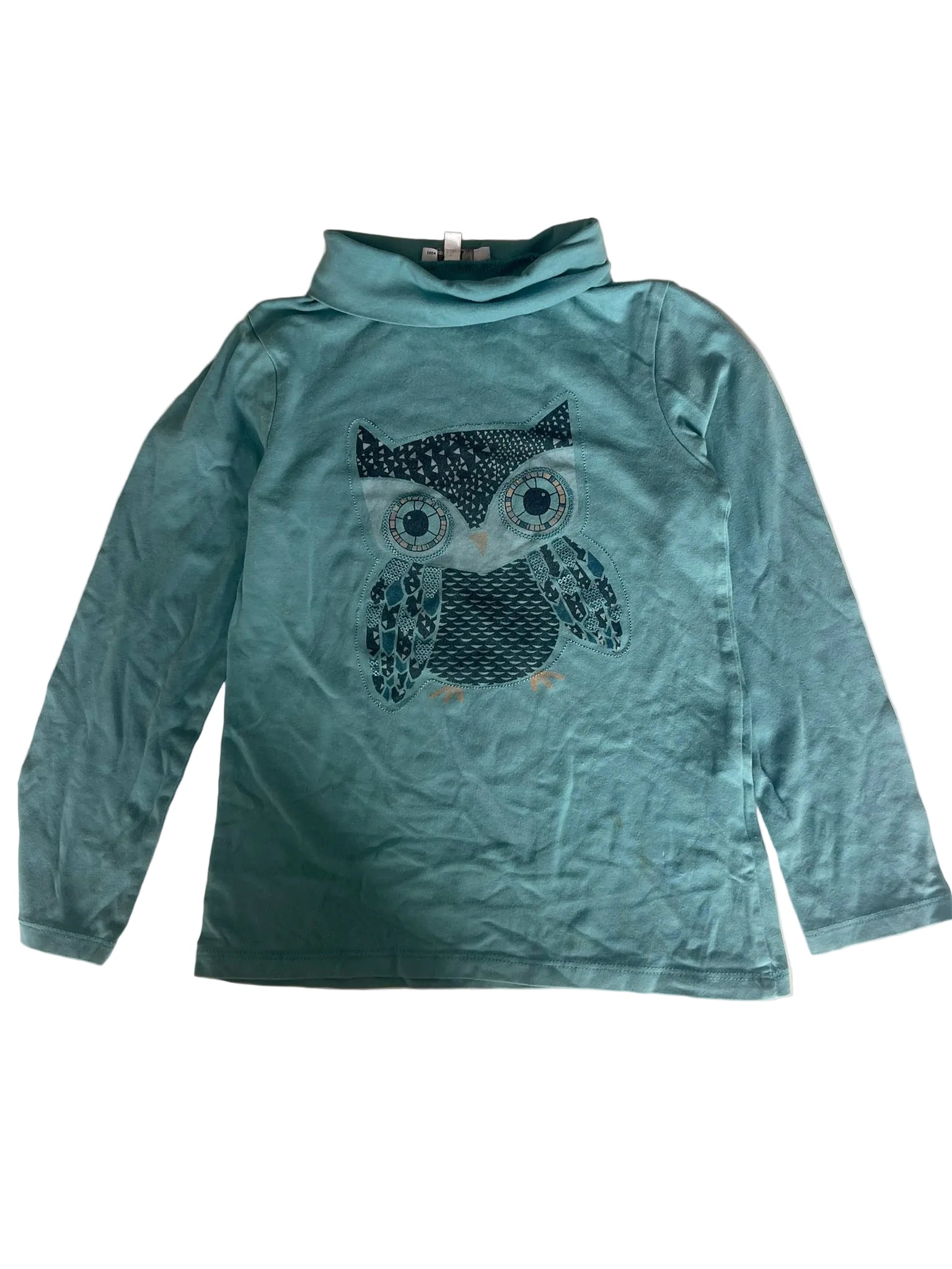 T-shirt velours col roulé fille – Bleu canard chouette