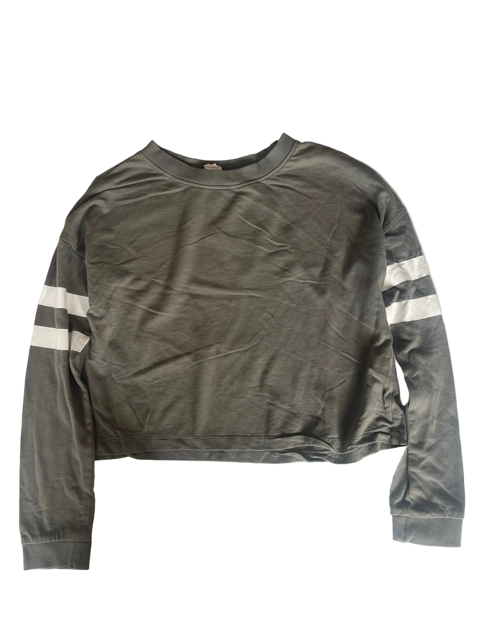 Sweat velours col rond fille – Gris bandes blanches