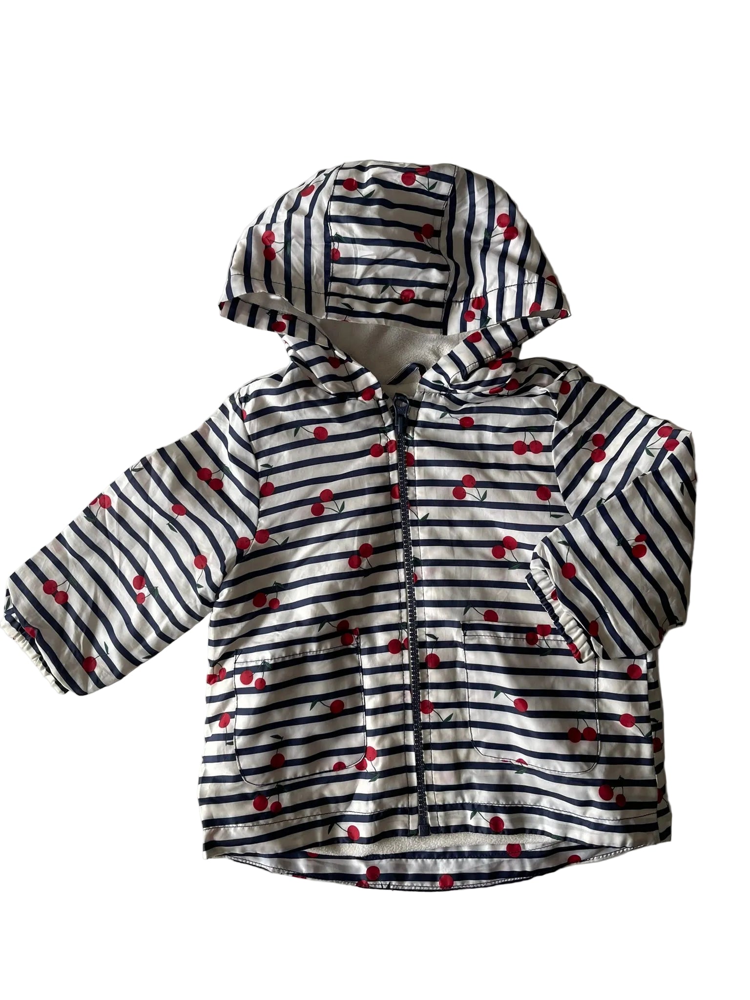 Coupe-vent à capuche bébé fille – Blanc rayé cerises