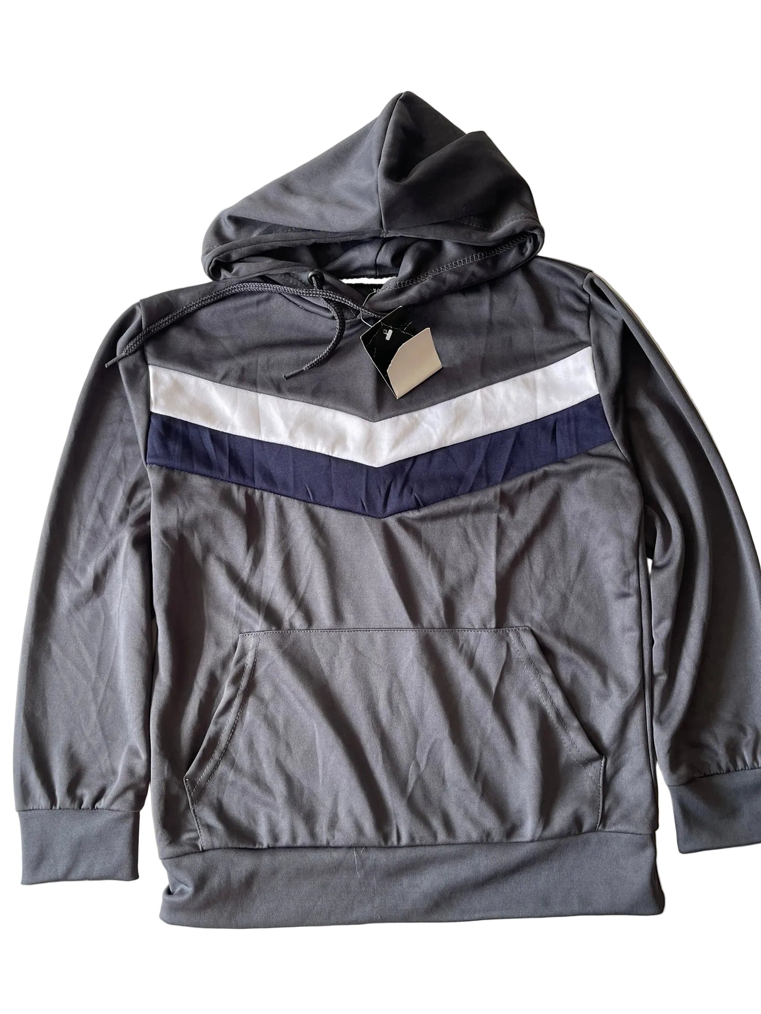 Sweat à capuche sport garçon – Gris bandes V bleu/blanc