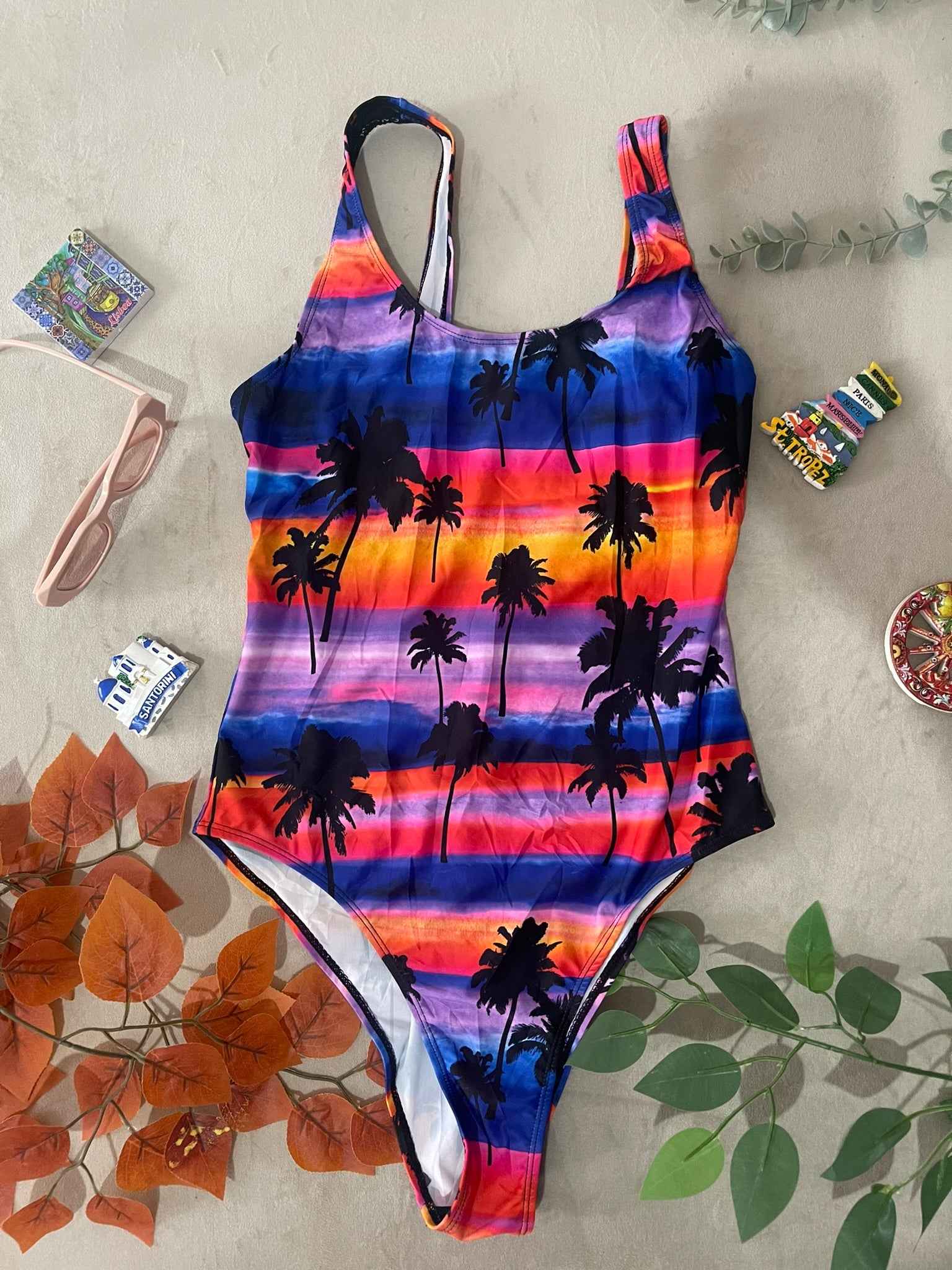 Maillot de bain 1 pièce motif coucher de soleil et palmiers Taille L
