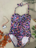 Maillot de bain 1 pièce drapé motif papillons multicolores