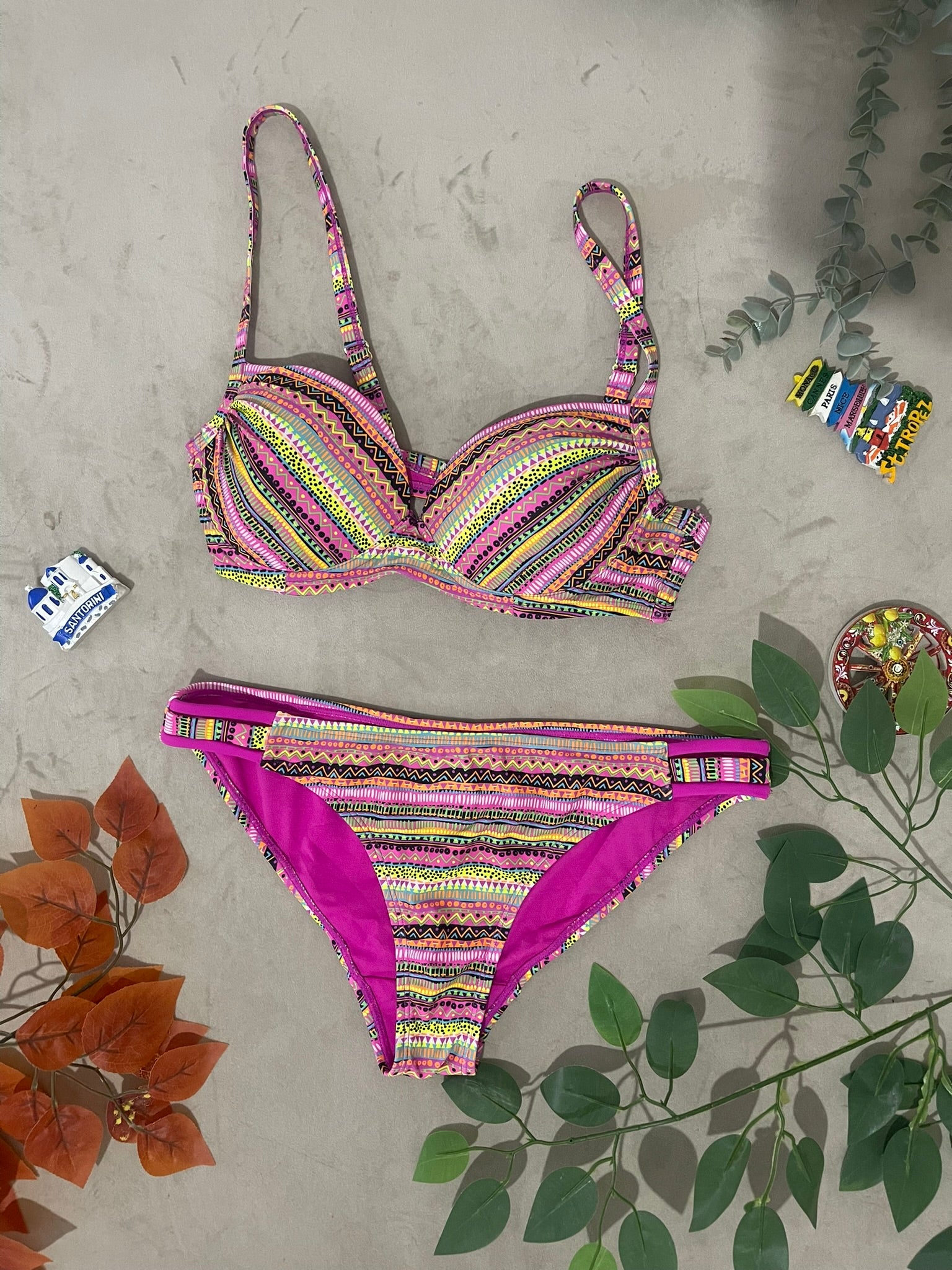 Maillot de bain 2 pièces imprimé ethnique aztèque fuchsia