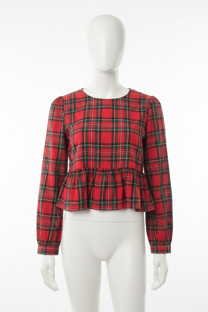 Blouse Tartan Rouge Manches Bouffantes Peplum