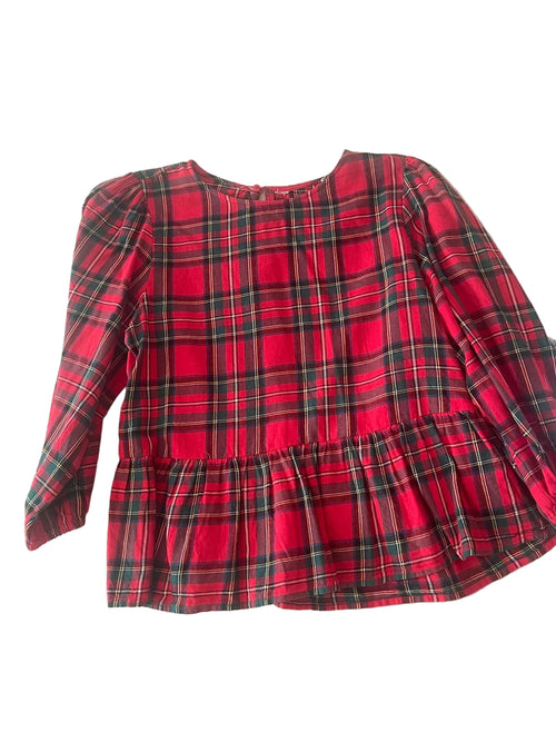 Blouse Tartan Rouge Manches Bouffantes Peplum