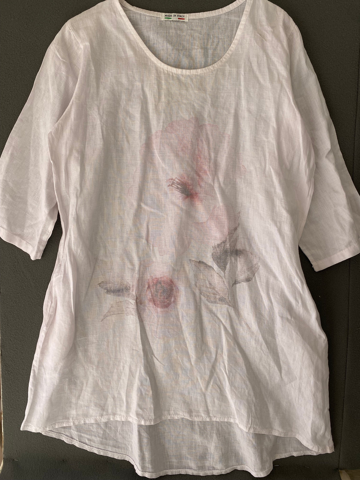 Tunique en lin blanc fleur aquarelle Made in Italy