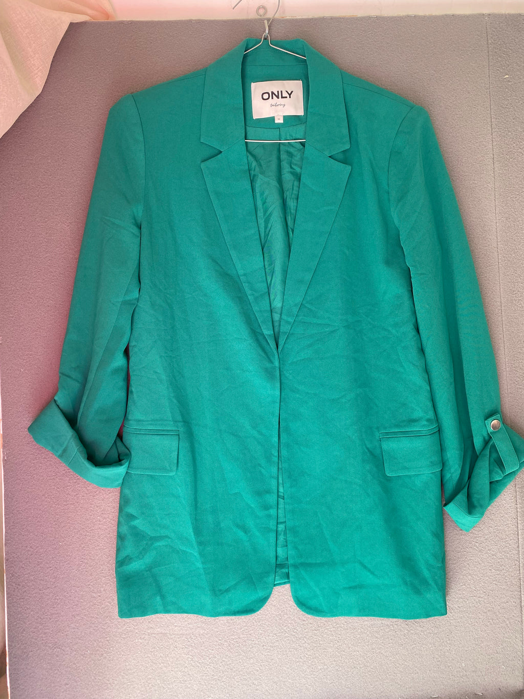 Blazer long vert émeraude à manches retroussables