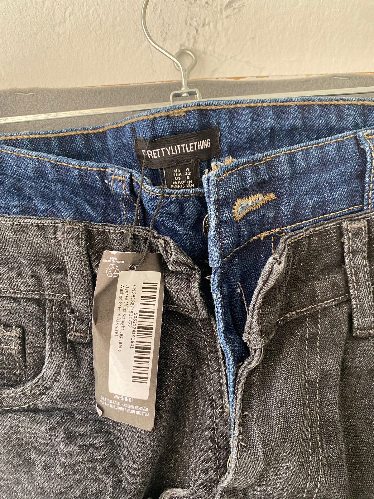 Jean patchwork noir et bleu à franges