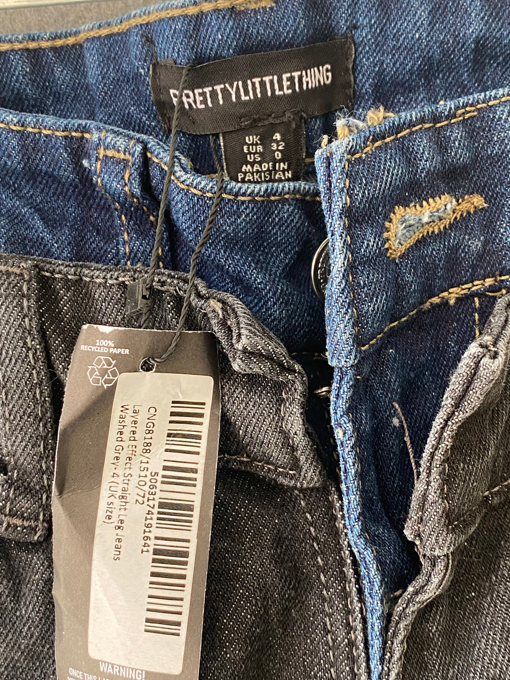 Jean patchwork noir et bleu à franges