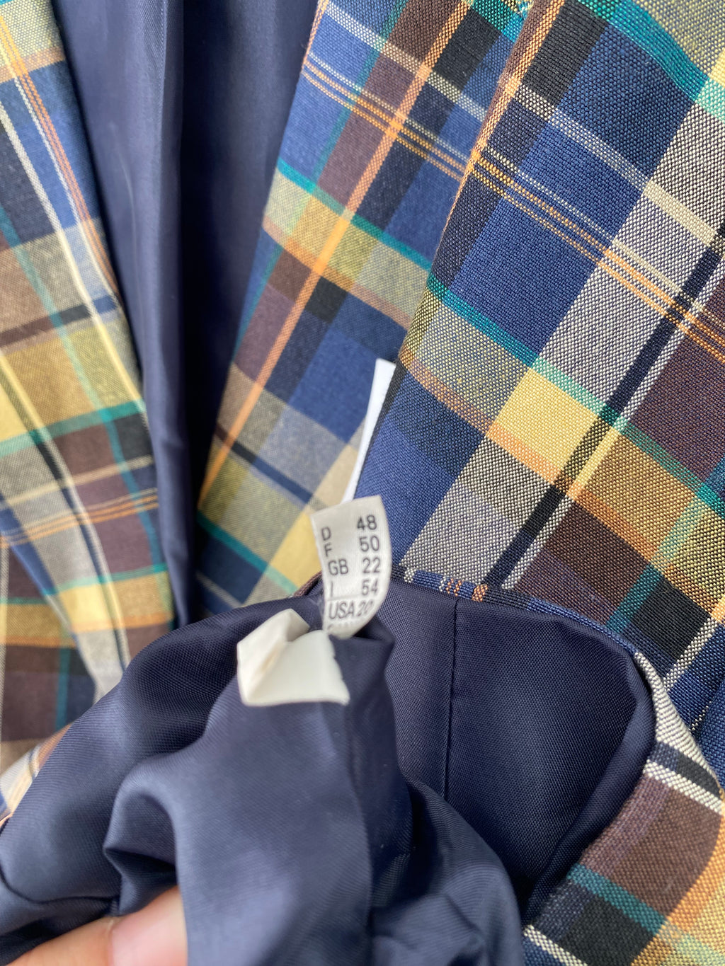 Blazer long à carreaux bleu et jaune doublé
