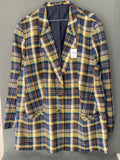 Blazer long à carreaux bleu et jaune doublé