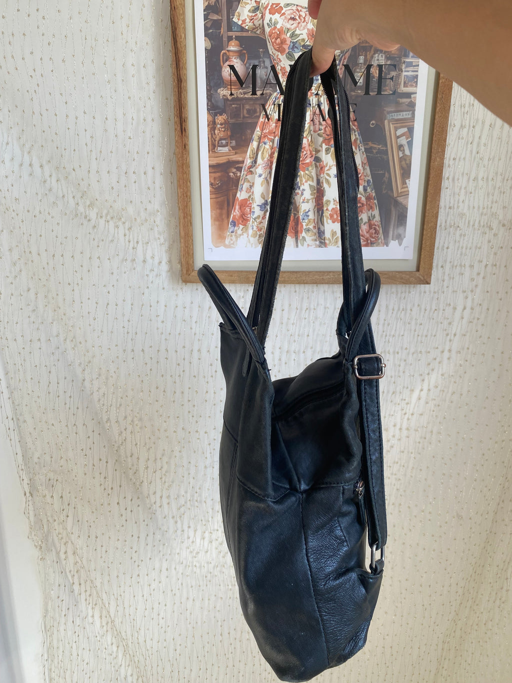 Vintage black leather mini backpack